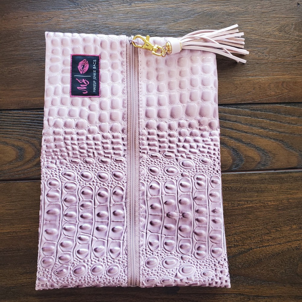 Makeup Junkie Bags Pink Croc Embossed Large Cosmetic Pouch Travel Bag Clutch